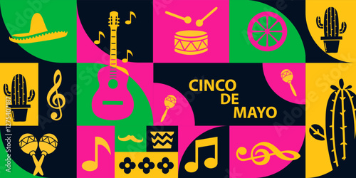 collection of colorful Cinco de Mayo banner template background for mexico independence celebration with music and giutar, flowers, decorations and copy space for text.