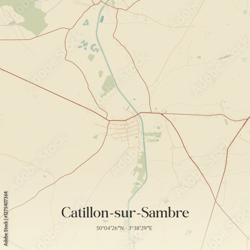 Vintage map of Catillon-sur-Sambre, France.
