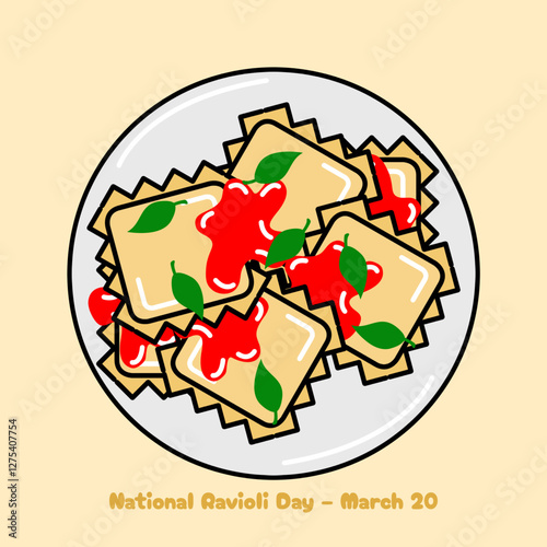 National Ravioli Day to celebrate on March 20th. A typical Italian dish of pasta dough served with broth and sauce on a plate on a beige background. Food event banner.