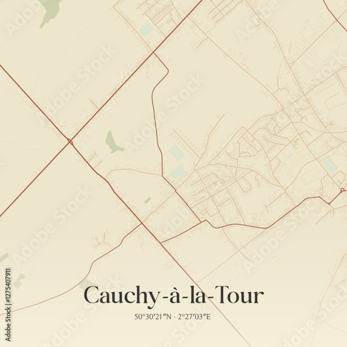 Vintage map of Cauchy-à-la-Tour, France.