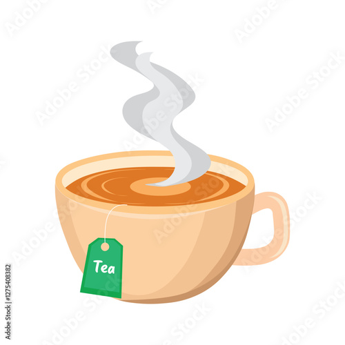 Vector illustration of hot tea in a cup with teabag puffing smoke with white background