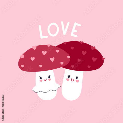 Cute fly agarics in love on a pink background. Vector graphics