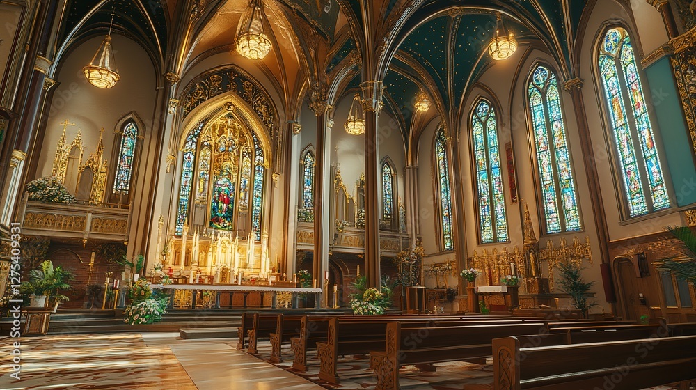 Obraz premium Ornate Church Interior With Stained Glass Windows And Altars