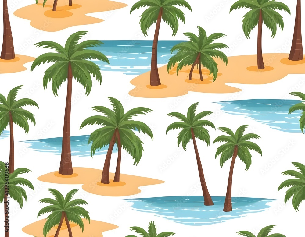 Obraz premium Seamless Tropical Beach Pattern with Palm Trees and Ocean