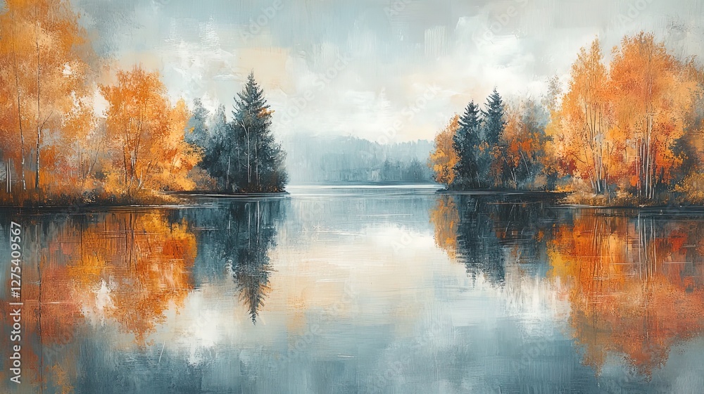 Fototapeta premium Lake reflecting autumn trees, soft morning light, calm and reflective 