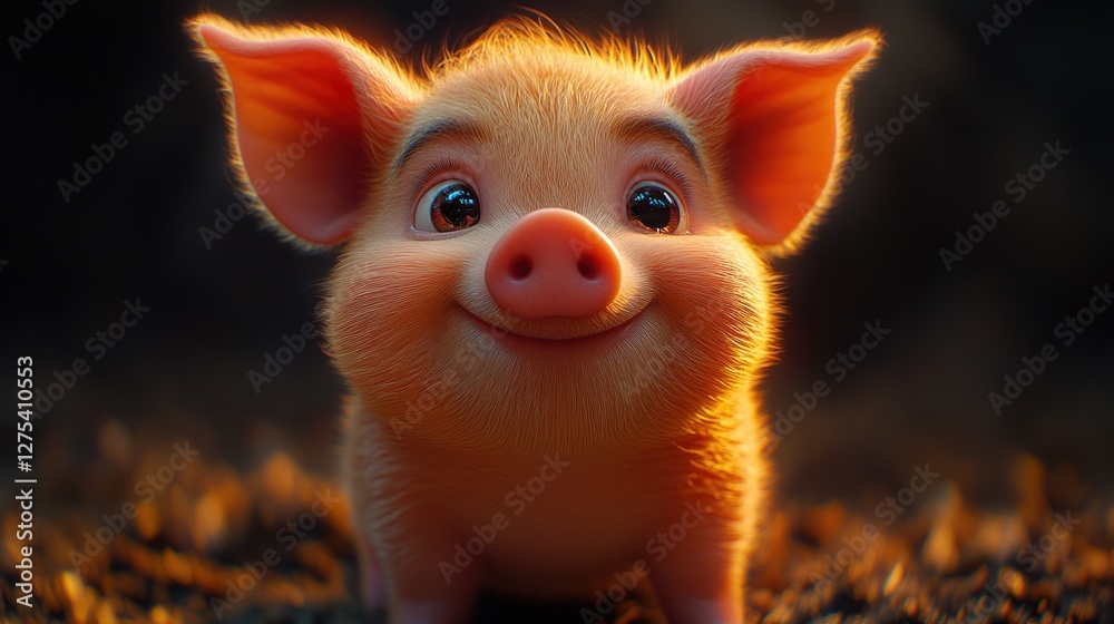 Naklejka premium Happy piglet sunset forest animation