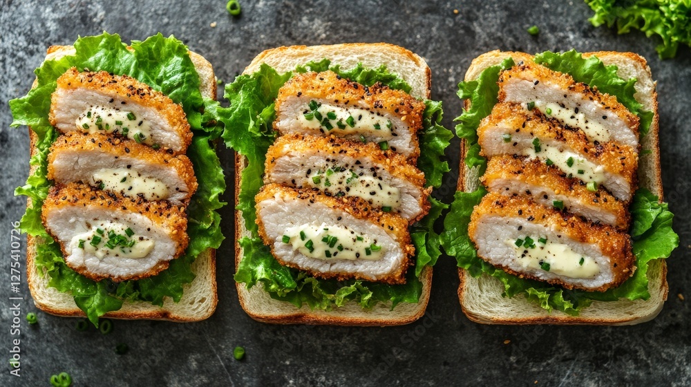 Three sandwiches with crispy fried chicken, lettuce, and creamy filling on bread. Three sandwiches with crispy fried chicken, lettuce, and creamy filling on bread.