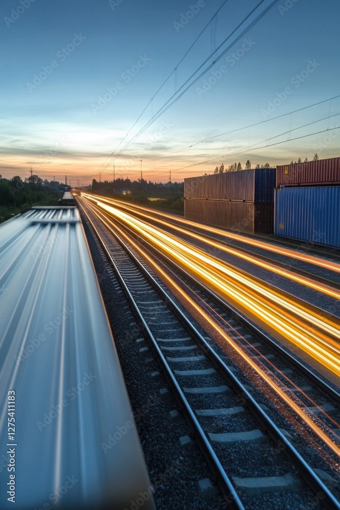 Fototapeta premium Train speeding past containers at sunset with blurred lights