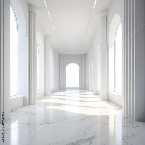 Modern White Marble Hallway with Archways and Sunlight