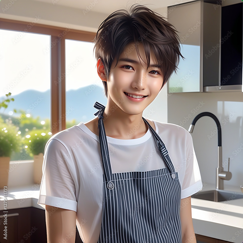 A handsome man wearing an apron standing in a spacious kitchen with the morning sun shining in.　朝日の差し込む広いキッチンに立つエプロンをしたハンサムな男性。