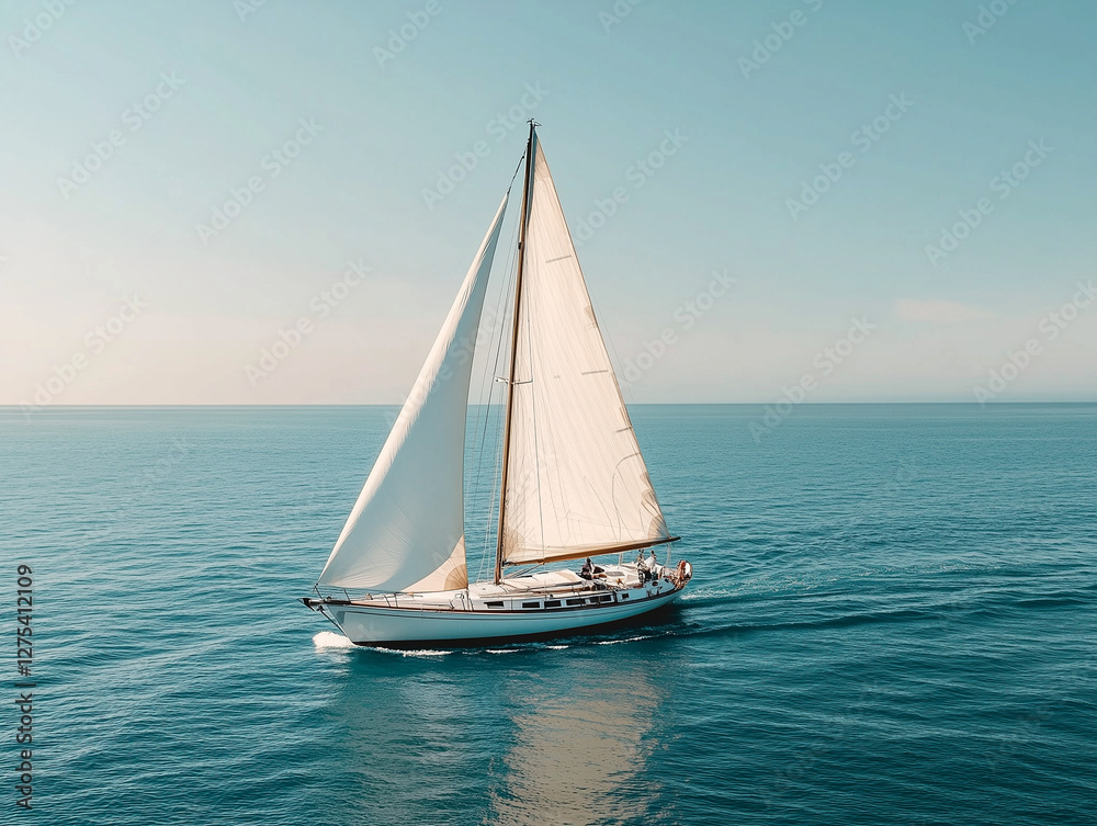 Sailboat sailing on calm blue sea under clear sky Sailboat sailing on calm blue sea under clear sky