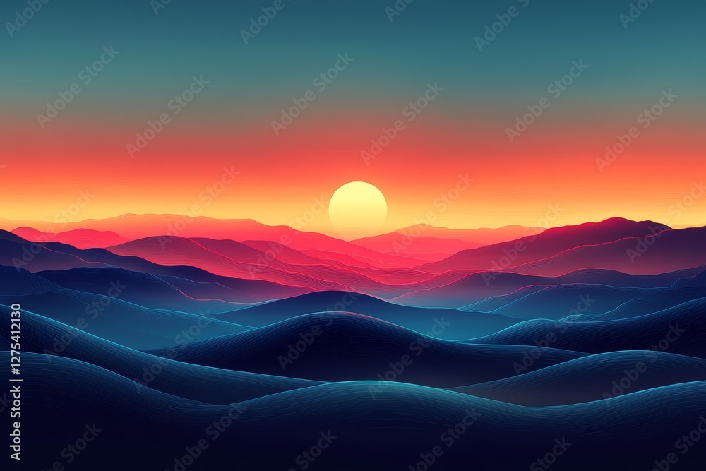 Fototapeta premium Minimalistic Colorful Horizontal Hills with Soft Shadows on Flat Vector Background. Retro Style, Calm and Tranquil Atmosphere in High Resolution.