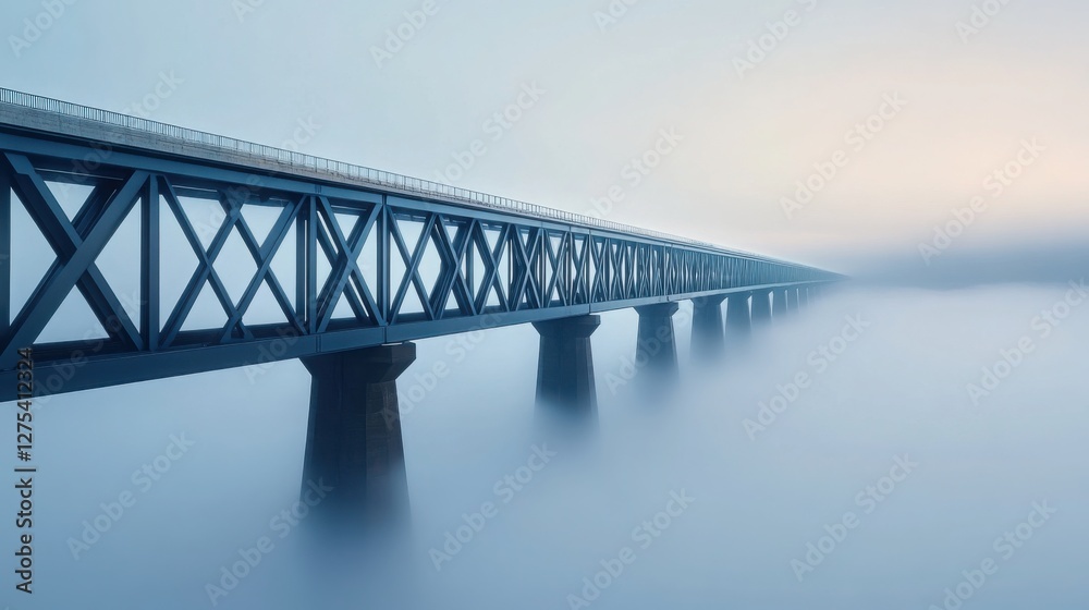 A massive industrial steel bridge disappearing into a dense fog at sunset, with subtle neon lights adding a futuristic glow. A massive industrial steel bridge disappearing into a dense fog at sunset, with subtle neon lights adding a futuristic glow.