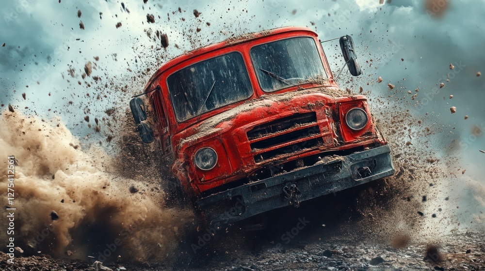 Obraz premium Red Truck Racing Through Muddy Terrain