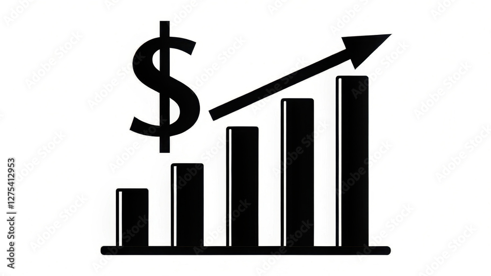 rising bar chart with dollar sign symbolizes financial growth and success. upward arrow indicates increasing profits or revenue, representing economic progress and positive trends