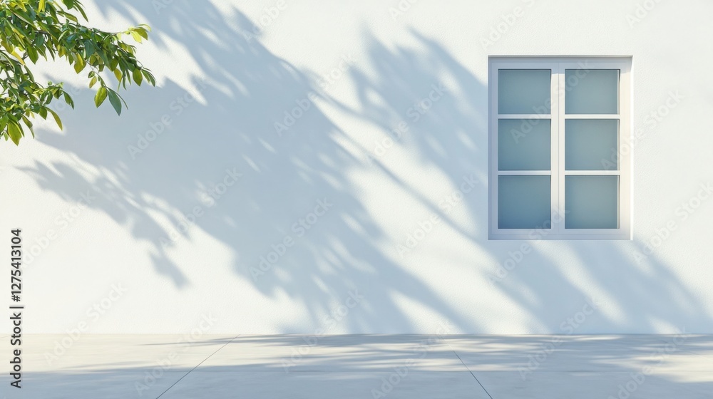 A minimalist white wall with abstract geometric shadows cast by a modern window frame A minimalist white wall with abstract geometric shadows cast by a modern window frame