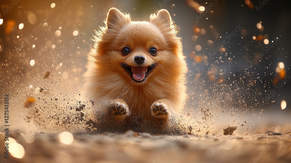 Obraz premium Happy Pomeranian Running, Autumn Park, Joyful