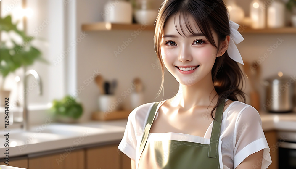 A beautiful woman wearing an apron standing in a spacious kitchen with the morning sun shining in. 朝日の差し込む広いキッチンに立つエプロンをした綺麗な女性。 A beautiful woman wearing an apron standing in a spacious kitchen with the morning sun shining in. 朝日の差し込む広いキッチンに立つエプロンをした綺麗な女性。