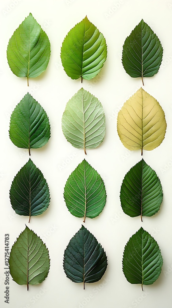 Obraz premium Arranged leaves color gradation, white background