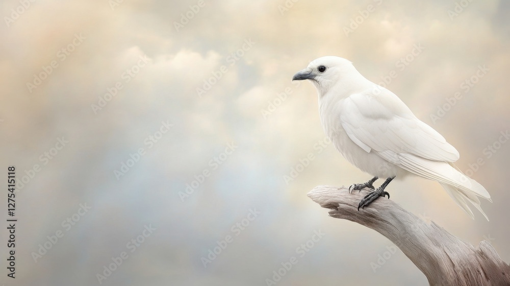 A rare albino crow sitting on an ancient tree branch, mystical and ethereal lighting A rare albino crow sitting on an ancient tree branch, mystical and ethereal lighting