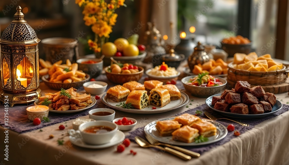 A Ramadan iftar arrangement with a table brimming with food, illuminated by candles and lanterns, highlighting Turkish baklava A Ramadan iftar arrangement with a table brimming with food, illuminated by candles and lanterns, highlighting Turkish baklava