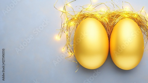Golden eggs, lights, festive background, Easter