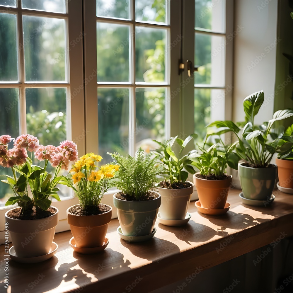 Sunlit Windowsill with Assorted Houseplants Sunlit Windowsill with Assorted Houseplants