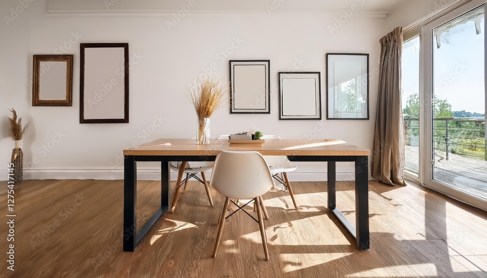 Elegant Table in a Spacious Room adorned with Frames, Radiating a Warm and Inviting Ambiance, Evoking a Sense of Timeless Elegance and Artistic Flair. Elegant Table in a Spacious Room adorned with Frames, Radiating a Warm and Inviting Ambiance, Evoking a Sense of Timeless Elegance and Artistic Flair.