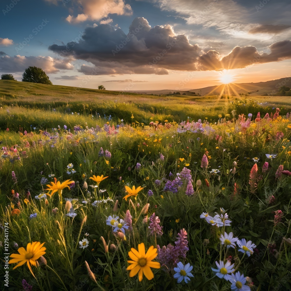 Obraz premium Sunset over Wildflower Meadow