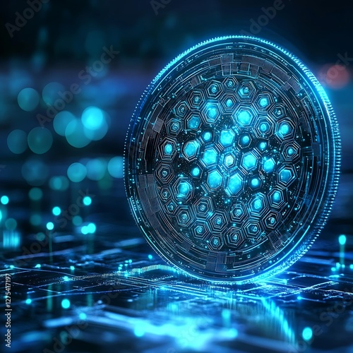 Futuristic digital coin on a technology surface