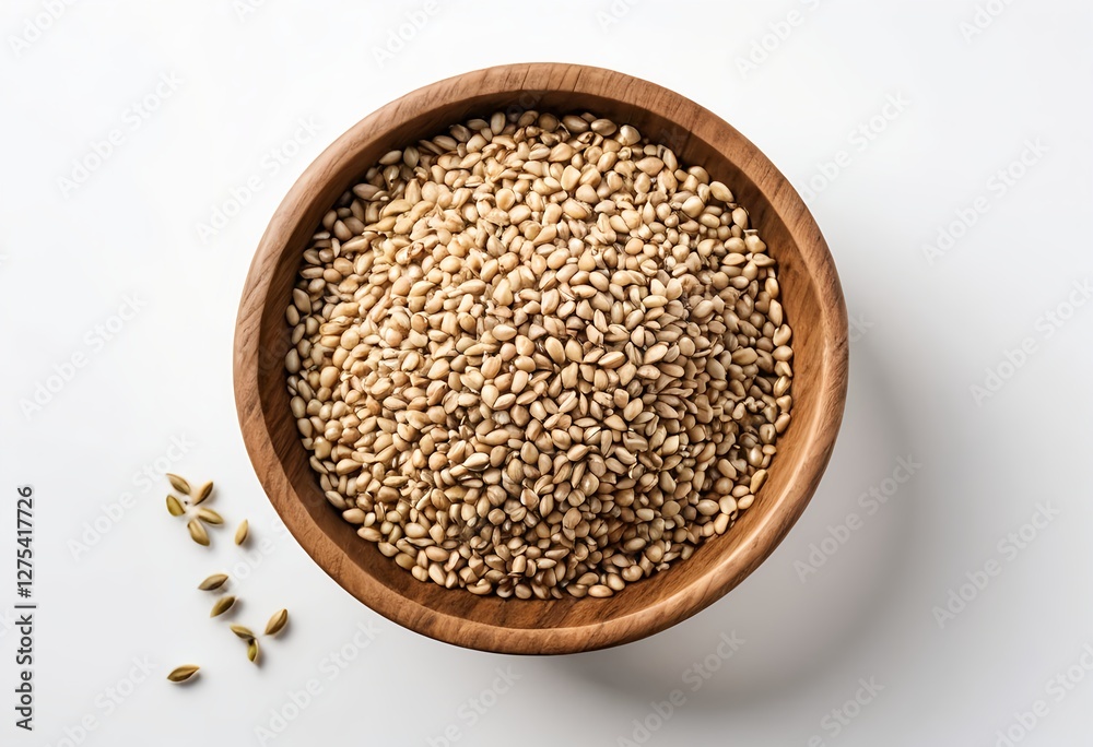 Organic Hulled Sesame Seeds in Wooden Bowl Organic Hulled Sesame Seeds in Wooden Bowl