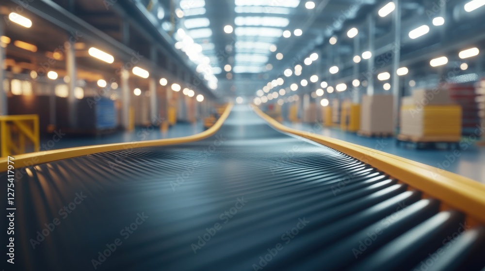 Fototapeta premium Conveyor Belt in Modern Warehouse with Industrial Setting and Lights