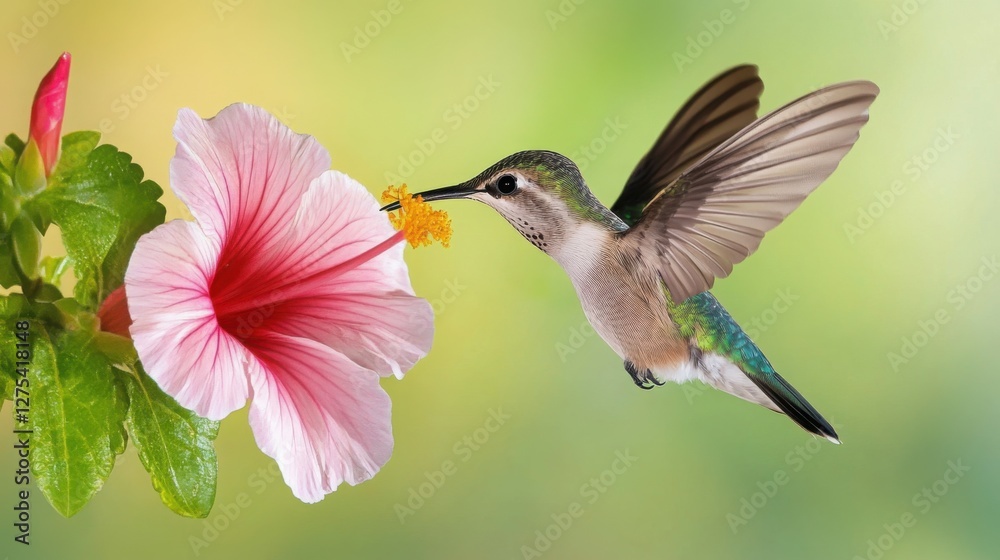 Fototapeta premium A tiny hummingbird hovering mid-air, drinking nectar from a bright flower, ultra-detailed and colorful