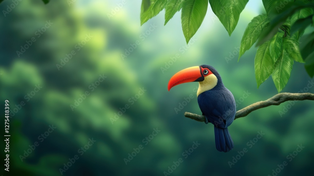 Obraz premium A toucan resting on a branch in the middle of a lush rainforest, vibrant colors 