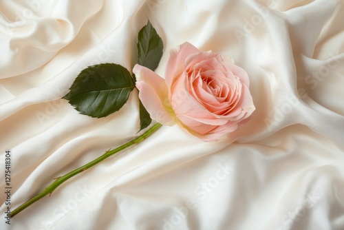 Elegant Peach Rose Blossom on Smooth Ivory Silk Drapes for Romantic Wedding or Anniversary Celebration.