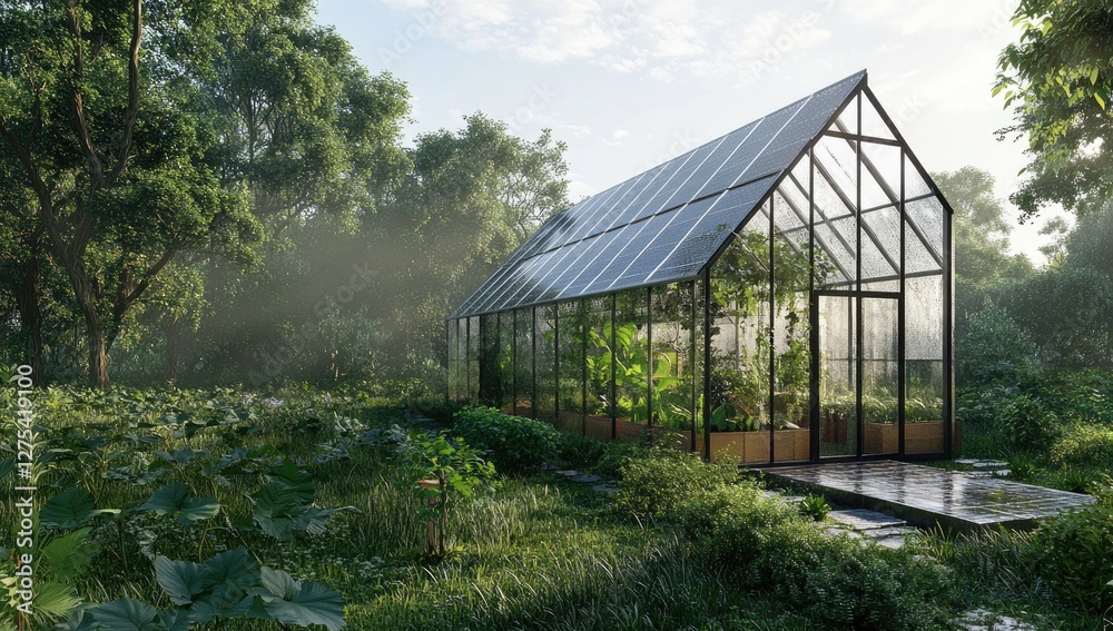 Modern greenhouse in misty forest garden Modern greenhouse in misty forest garden