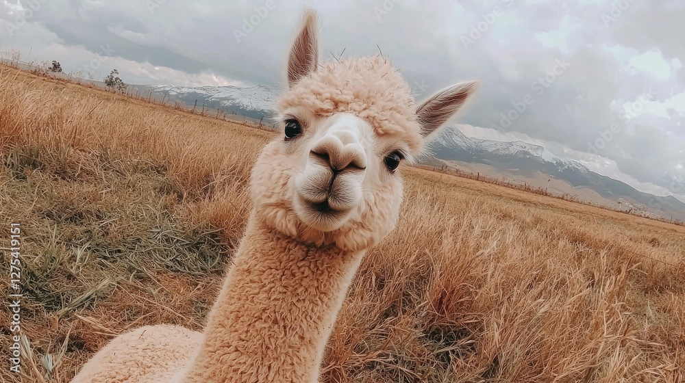 Obraz premium Adorable Alpaca in a Mountain Meadow
