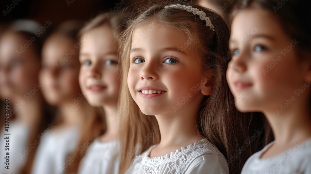 A children's choir dressed in white, Singing with open mouths and natural expression. A children's choir dressed in white, Singing with open mouths and natural expression.