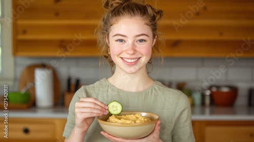 Wallpaper Mural A young woman in a casual, bohemian-style outfit dipping fresh cucumber slices into a bowl of creamy homemade hummus Torontodigital.ca