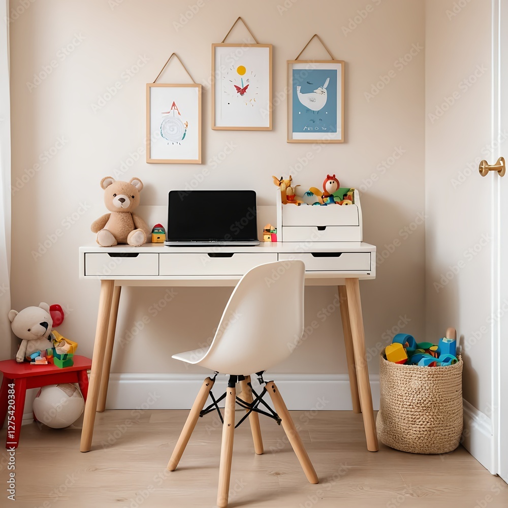 Fototapeta premium Child's Playful Workspace with Laptop and Toys