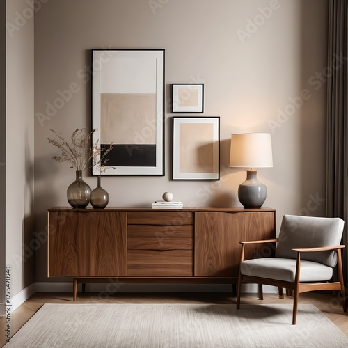 Wallpaper Mural Modern Living Room Interior with Wooden Sideboard and Armchair Torontodigital.ca