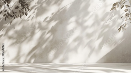 Beige and white studio backdrop with leaf shadows from the window, perfect for showcasing products and text insertion during presentations. 