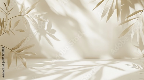 Beige and white studio backdrop with leaf shadows from the window, perfect for showcasing products and text insertion during presentations. 