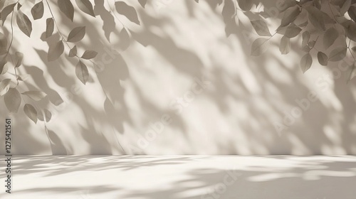 Beige and white studio backdrop with leaf shadows from the window, perfect for showcasing products and text insertion during presentations. 