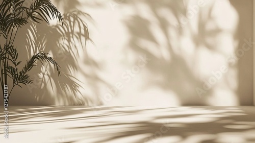 Beige and white studio backdrop with leaf shadows from the window, perfect for showcasing products and text insertion during presentations. 