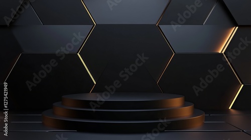 Black 3D geometric podium on a dark background. 