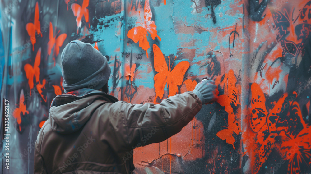 Fototapeta premium A graffiti artist painting a wall, with animated butterflies emerging from the spray paint. The scene blends urban art with a touch of magic, creating a vibrant, surreal atmosphere.