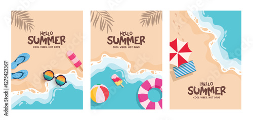 Hello summer beach clipart poster set. Summer greeting text in seaside beach background clip art for sunny day postcard template collection with tropical elements vector illustration.
