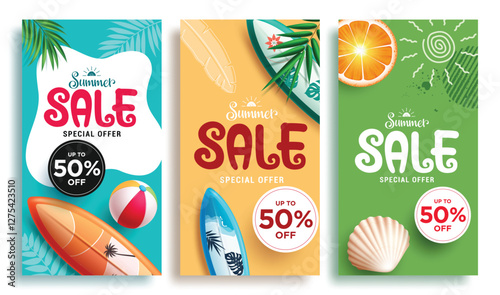 Summer sale clipart poster set. Summer sale text in colorful background for holiday vacation 50% off shopping discount clip art collection with tropical elements like surfboard and orange vector 