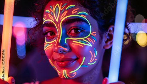 Girl smiling with glow-in-the-dark face paint at night event, festive joy